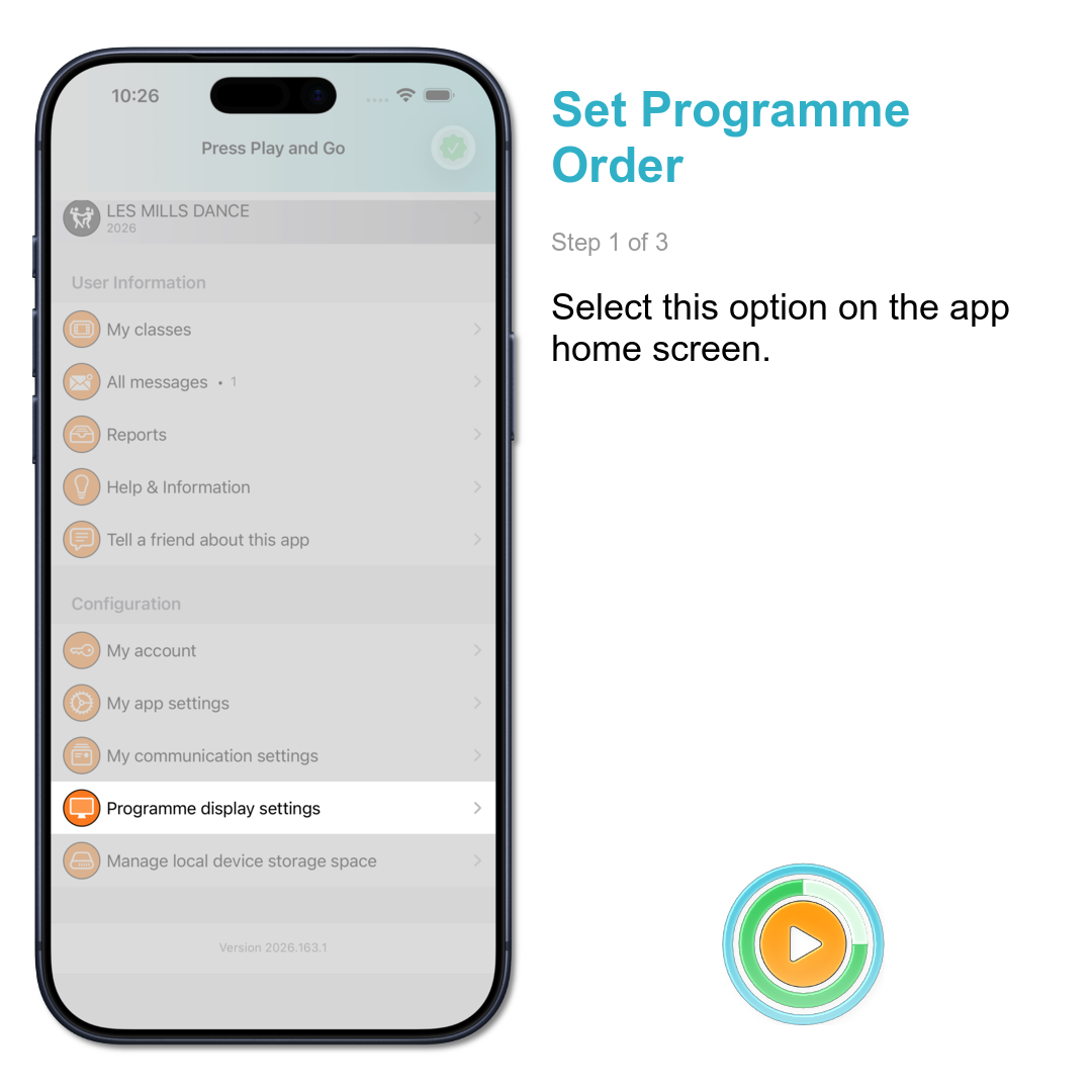 Set Programme Order: Select this option on the app home screen.