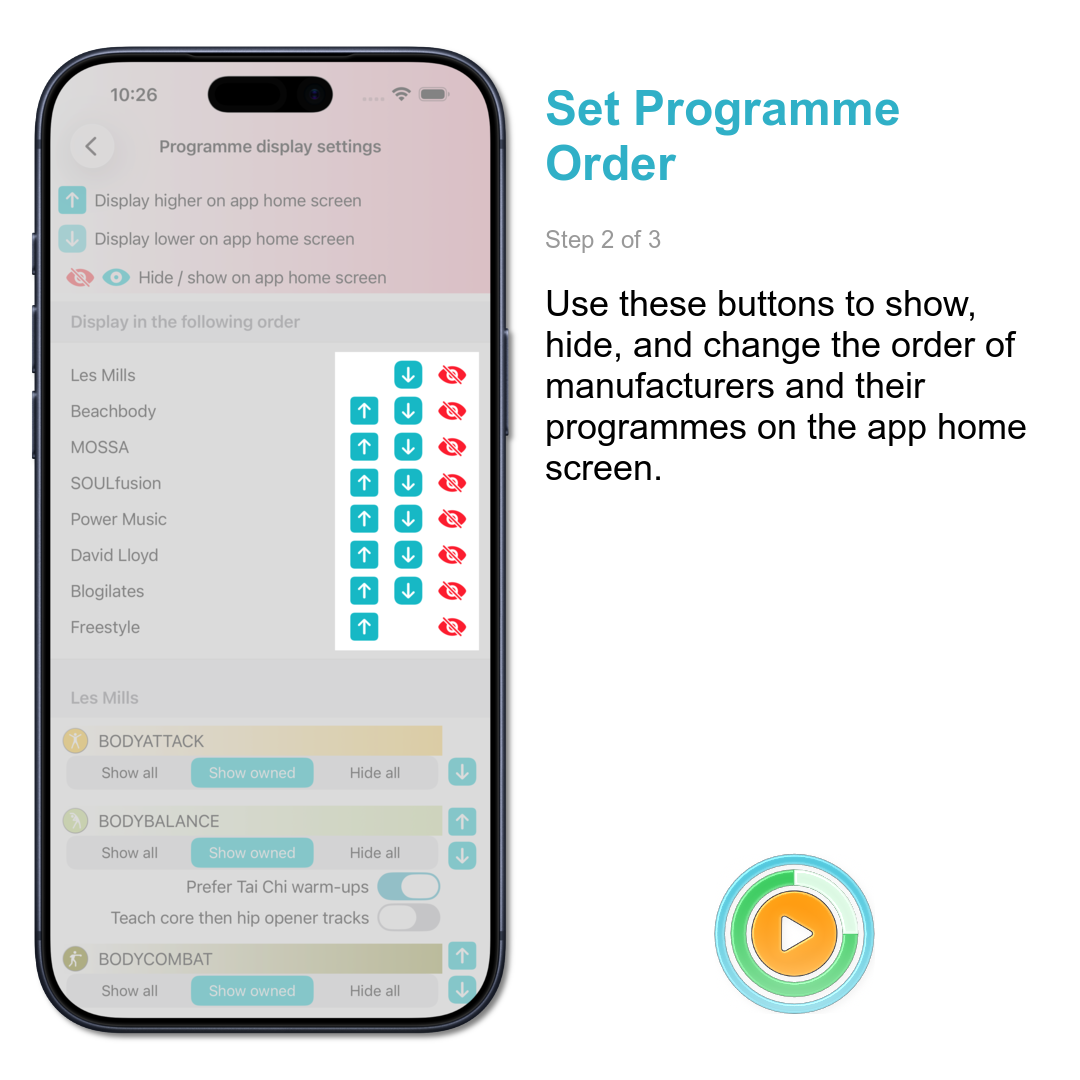 Set Programme Order: Use these buttons to show, hide, and change the order of manufacturers and their programmes on the app home screen.