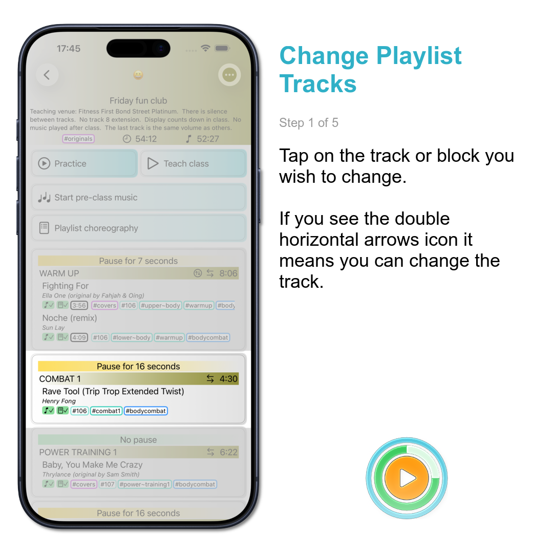 Change Playlist Tracks: Tap on the track or block you wish to change.\n\nIf you see the double horizontal arrows icon it means you can change the track.