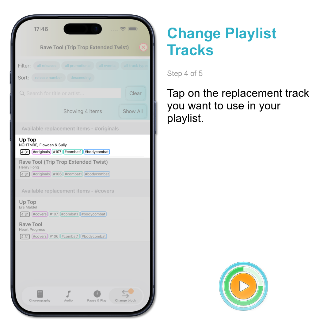 Change Playlist Tracks: Tap on the replacement track you want to use in your playlist.