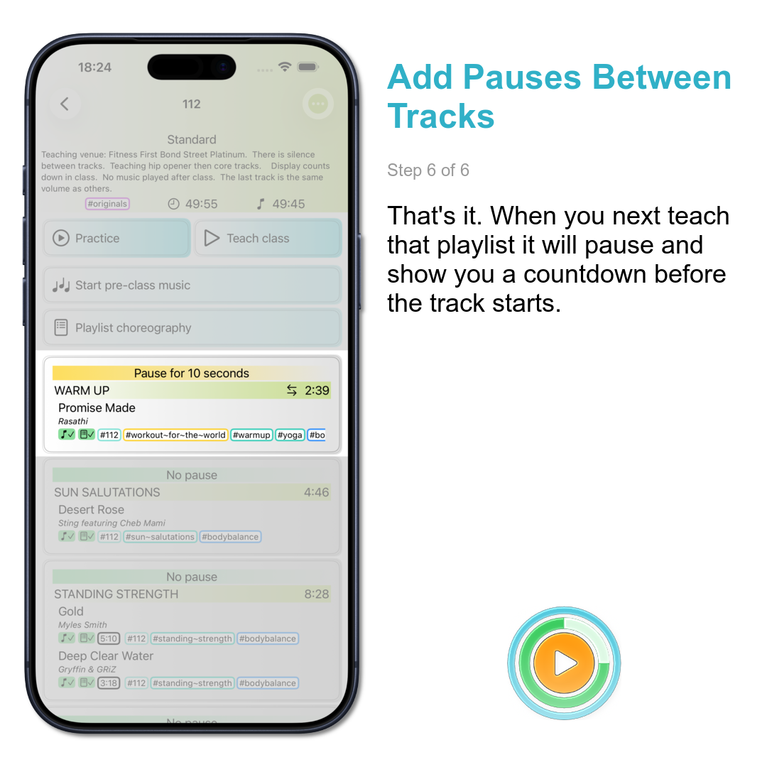 Add Pauses Between Tracks: That's it. When you next teach that playlist it will pause and show you a countdown before the track starts.