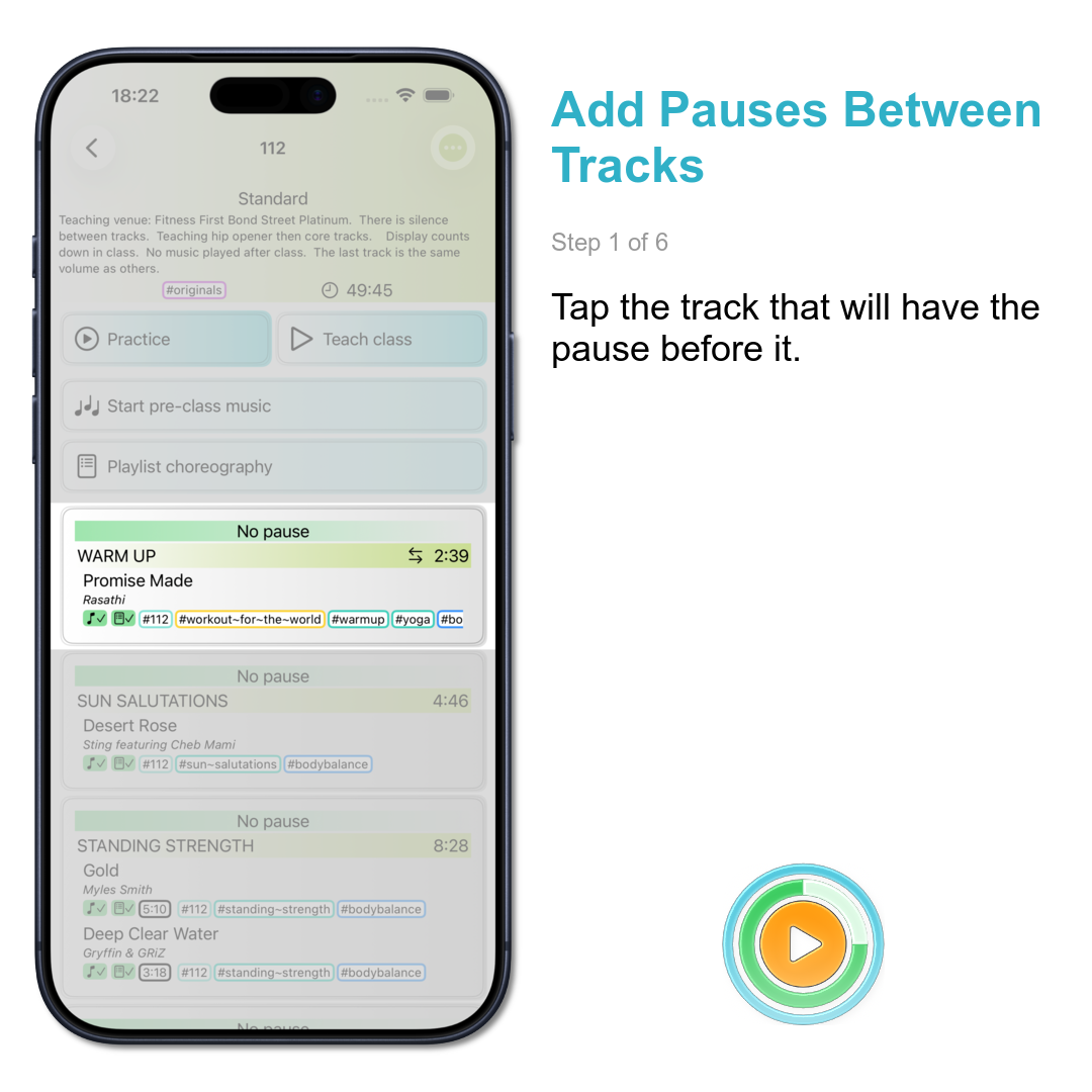 Add Pauses Between Tracks: Tap the track that will have the pause before it.