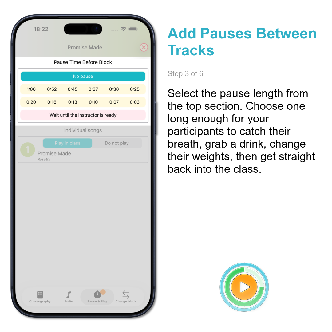 Add Pauses Between Tracks: Select the pause length from the top section. Choose one long enough for your participants to catch their breath, grab a drink, change their weights, then get straight back into the class.