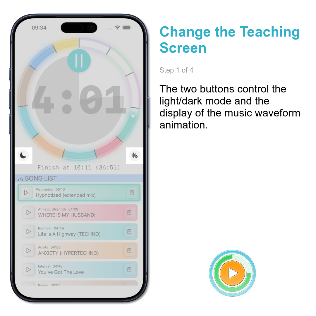 Change the Teaching Screen: The two buttons control the light/dark mode and the display of the music waveform animation.