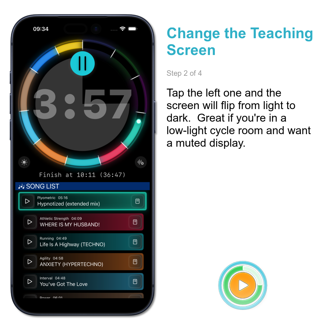 Change the Teaching Screen: Tap the left one and the screen will flip from light to dark.  Great if you're in a low-light cycle room and want a muted display.