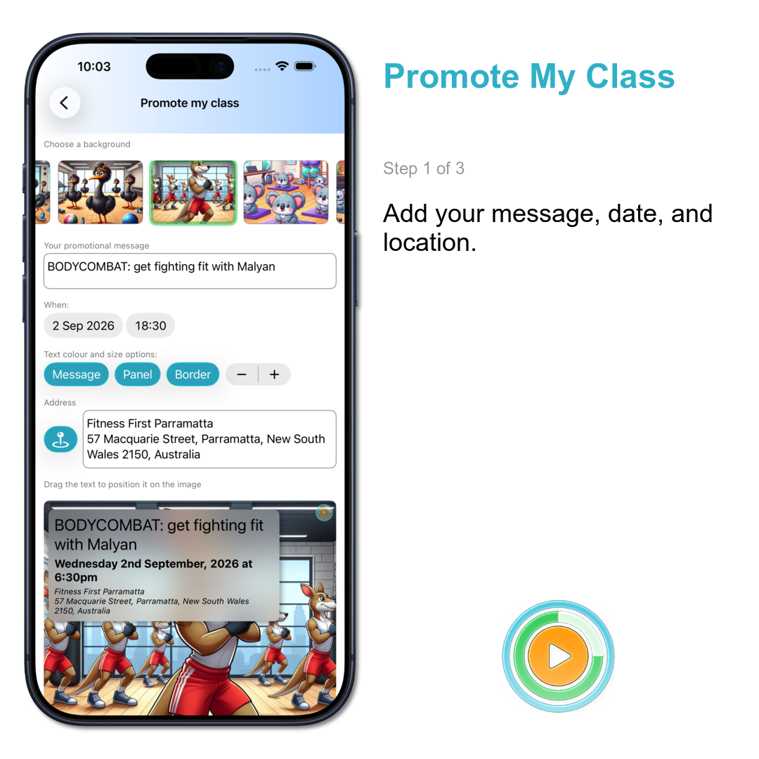 Promote My Class: Add your message, date, and location.