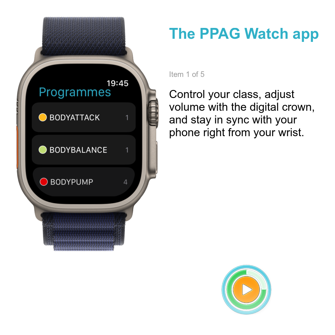 The PPAG Watch app: Control your class, adjust volume with the digital crown, and stay in sync with your phone right from your wrist.