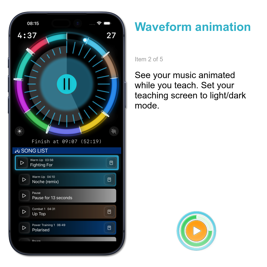 Waveform animation: See your music animated while you teach. Set your teaching screen to light/dark mode.