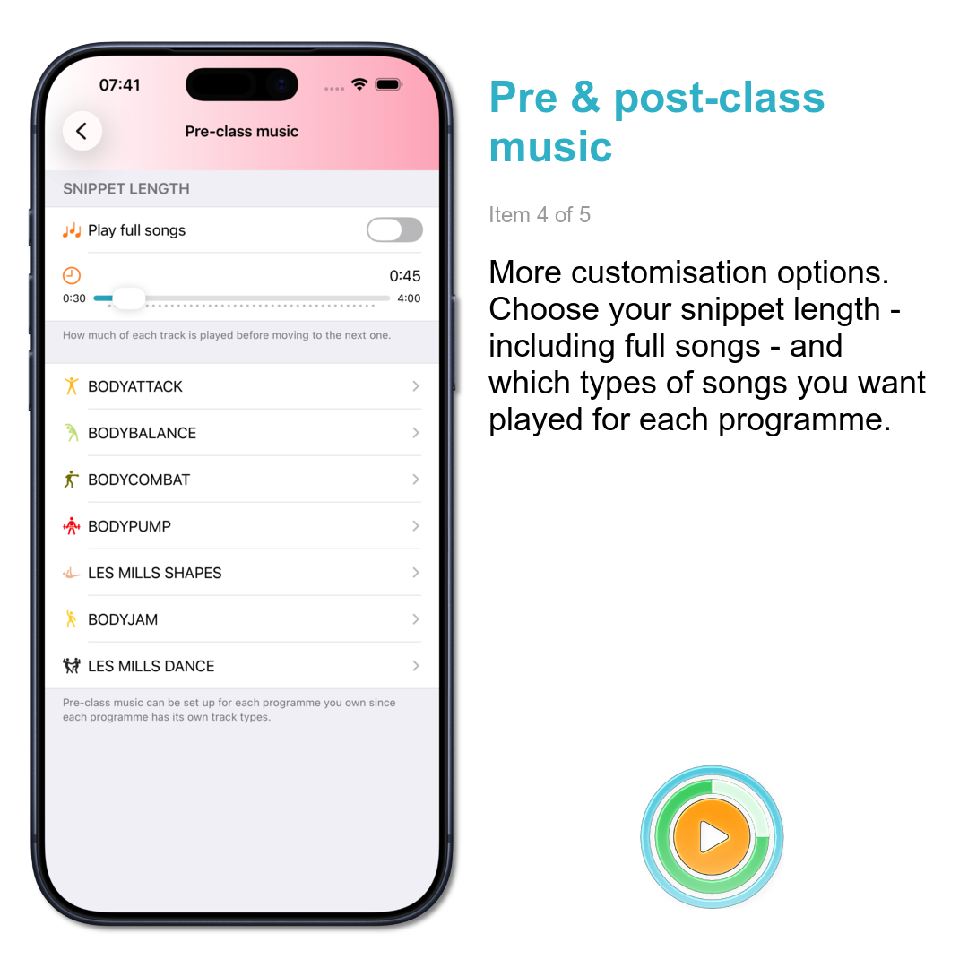 Pre & post-class music: More customisation options. Choose your snippet length - including full songs - and which types of songs you want played for each programme.